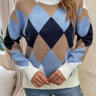 Color Block Argyle Knit Sweater-Brown