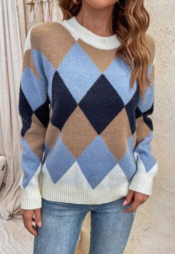 Pull en tricot à motif losanges color block-Marron 2