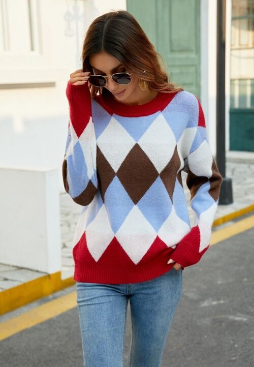 Color Block Argyle Knit Sweater-Red