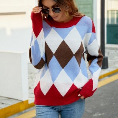 Color Block Argyle Knit Sweater-Red