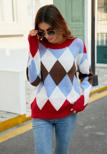 Pull Colour Block Argyle Knit-Rouge 1