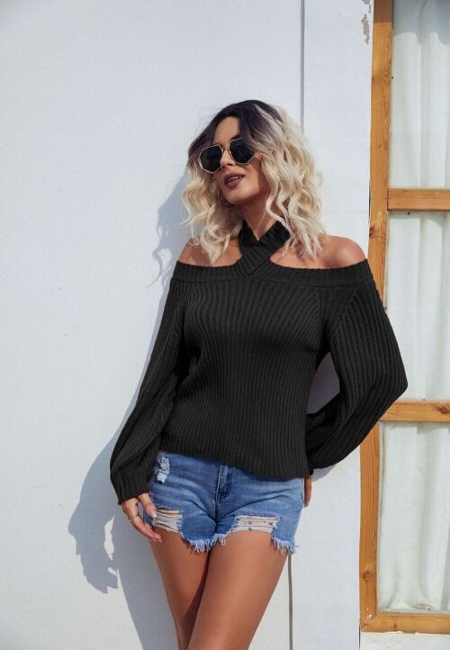 Halter Shoulder Cutout Sweater-Black