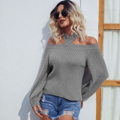 Halter Shoulder Cutout Sweater-Gray