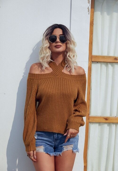 Halter Shoulder Cutout Sweater-Beige