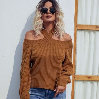 Halter Shoulder Cutout Sweater-Beige