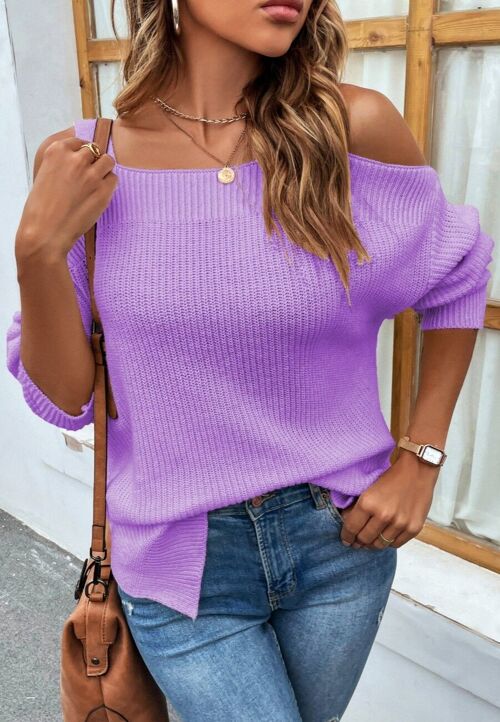 Cold Shoulder Side Slit Sweater-Purple