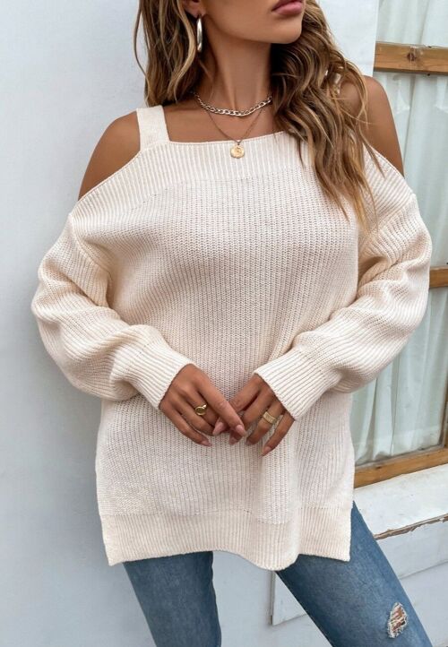 Cold Shoulder Side Slit Sweater-White