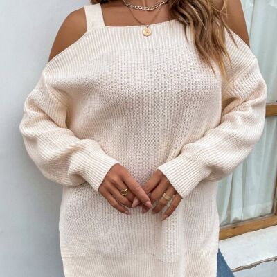 Cold Shoulder Side Slit Sweater-White