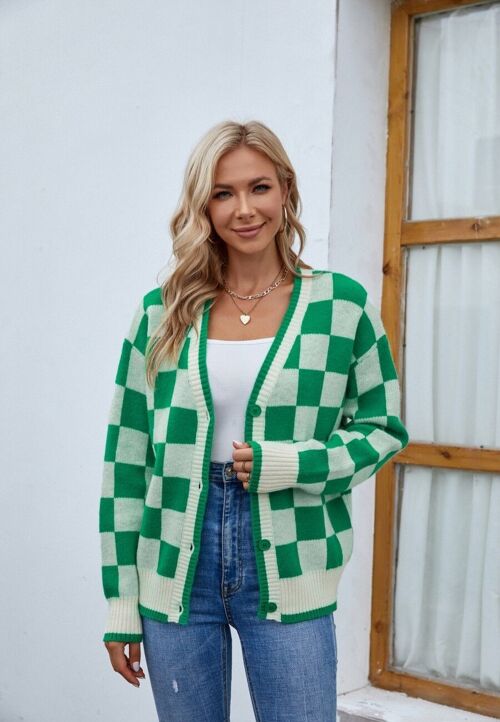 Two Tone Checkered Cardigan-Green