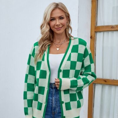 Two Tone Checkered Cardigan-Green