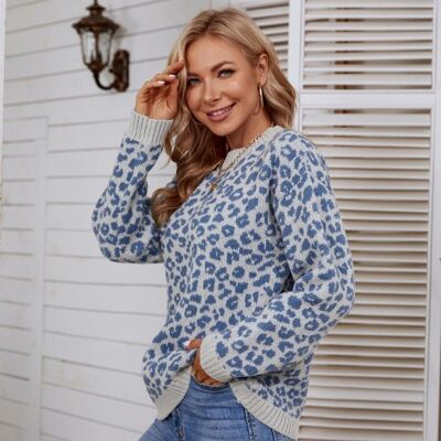 Leopard Print Basic Knit Sweater-Blue
