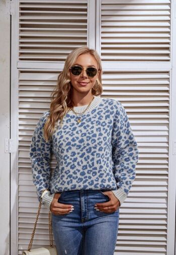 Pull basique en tricot à imprimé léopard-Bleu 3