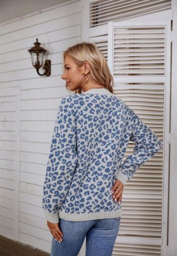 Pull basique en tricot à imprimé léopard-Bleu 5