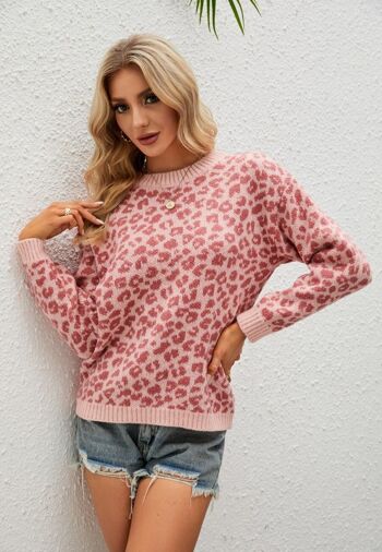 Pull basique en tricot à imprimé léopard-Rose 2