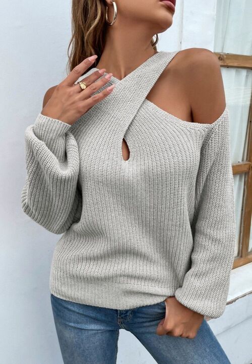 Cross Front Cutout Sweater-Gray