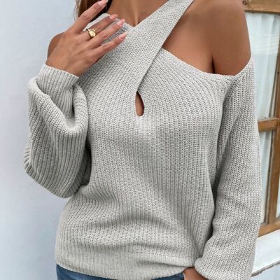 Cross Front Cutout Sweater-Gray