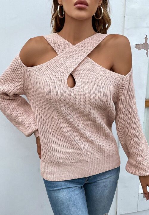 Cross Front Cutout Sweater-Mauve Pink