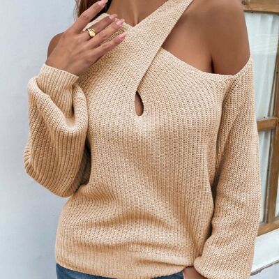 Cross Front Cutout Sweater-Beige