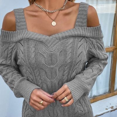 Cable Knit Off Shoulder Sweater-Gray