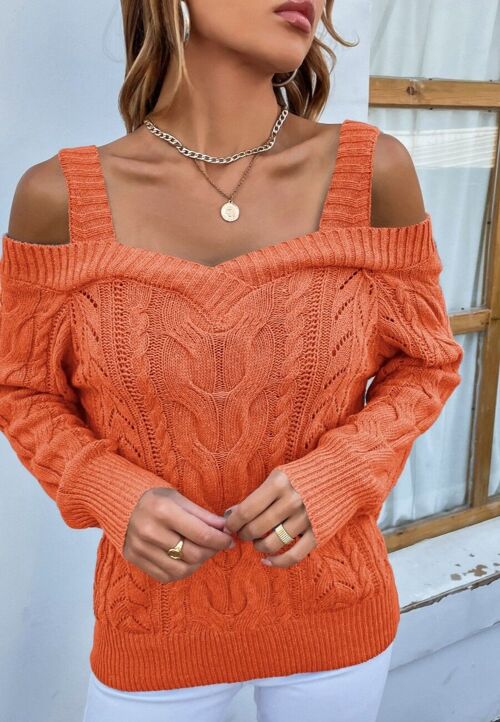 Cable Knit Off Shoulder Sweater-Orange