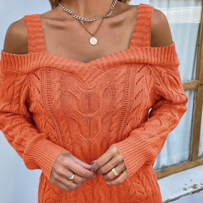 Cable Knit Off Shoulder Sweater-Orange