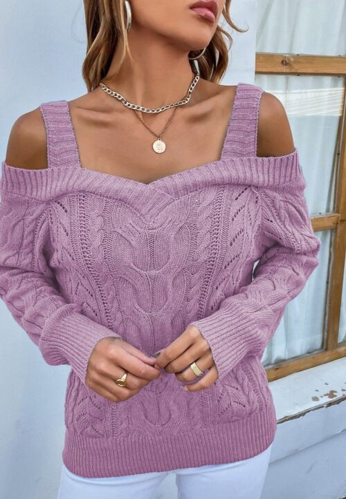 Cable Knit Off Shoulder Sweater-Pink