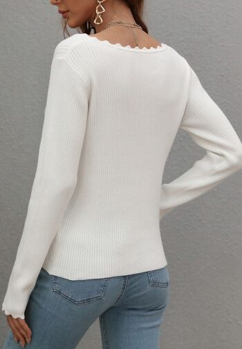 Pull en maille côtelée à détails festonnés-Blanc 5