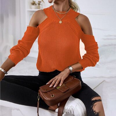 Round Neck Cutout Sweater-Orange