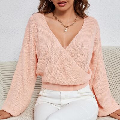 Surplice Neck Drop Shoulder Sweater-Pink