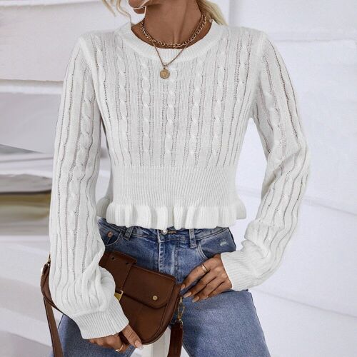 Braided Knit Ruffle Hem Sweater-White