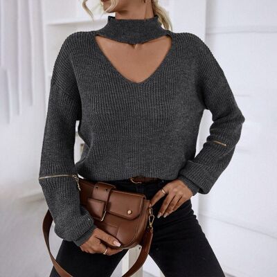 Choker Neck Zipper Sleeve Sweater-Gray