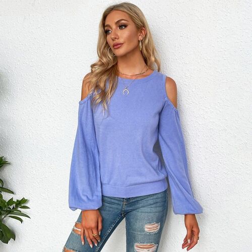 Shoulder Cutout Bishop Sleeve Sweater-Blue