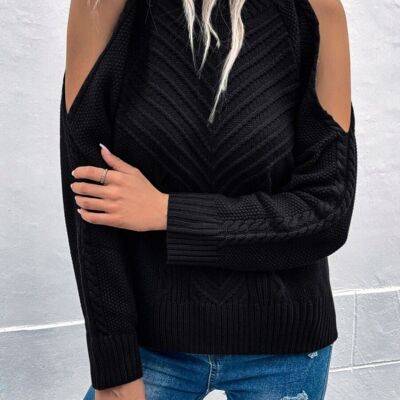 Chevron Knit Shoulder Cutout Sweater-Black