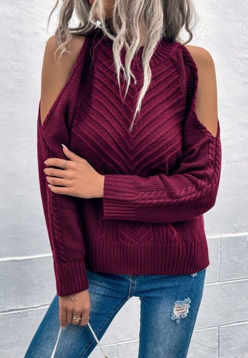 Chevron Knit Shoulder Cutout Sweater-Burgundy