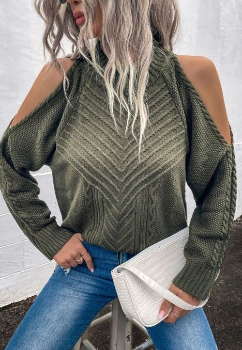 Chevron Knit Shoulder Cutout Sweater-Green