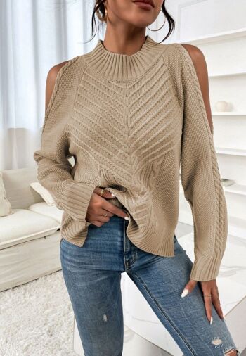 Pull en tricot à chevrons avec découpe aux épaules-Beige 6