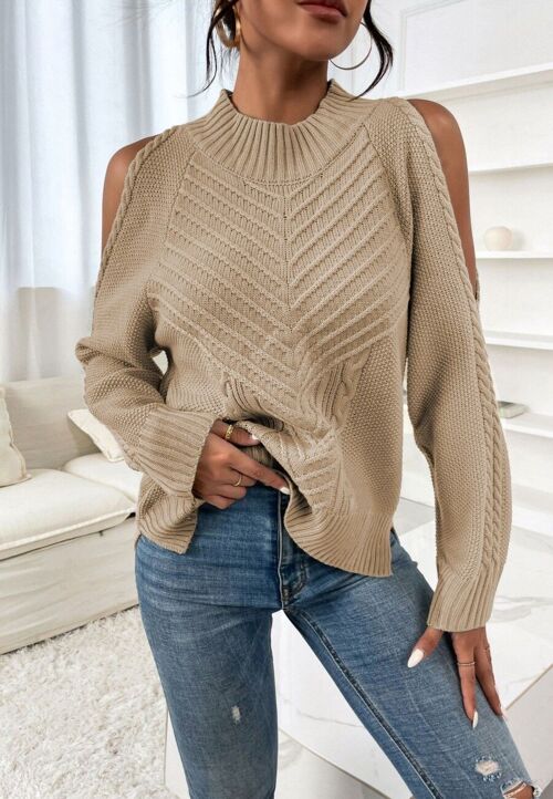 Chevron Knit Shoulder Cutout Sweater-Beige