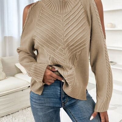 Chevron Knit Shoulder Cutout Sweater-Beige