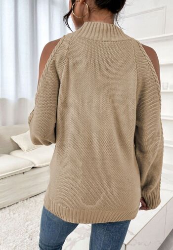 Pull en tricot à chevrons avec découpe aux épaules-Beige 5