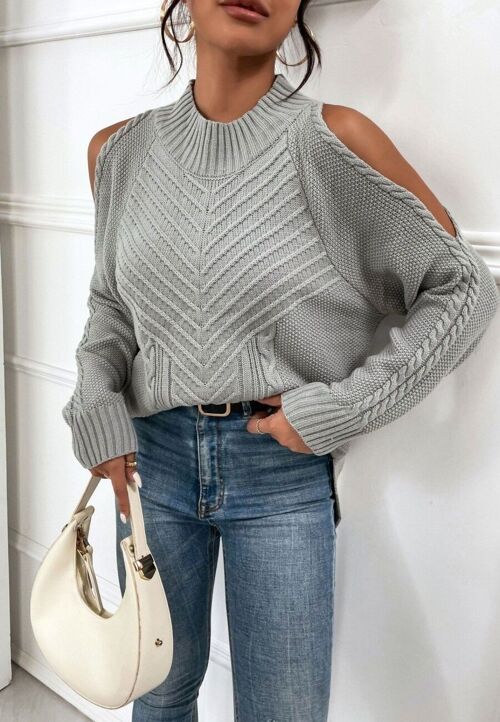 Chevron Knit Shoulder Cutout Sweater-Gray