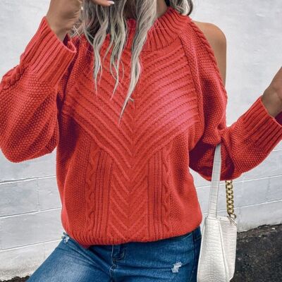 Chevron Knit Shoulder Cutout Sweater-Orange