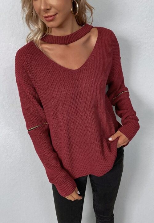 Functional Zipper Sleeve Sweater-Red