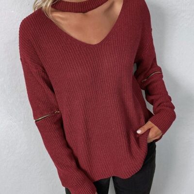 Functional Zipper Sleeve Sweater-Red