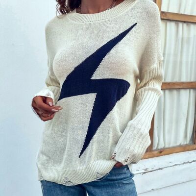 Thunder Bolt Distressed Sleeve Sweater-White