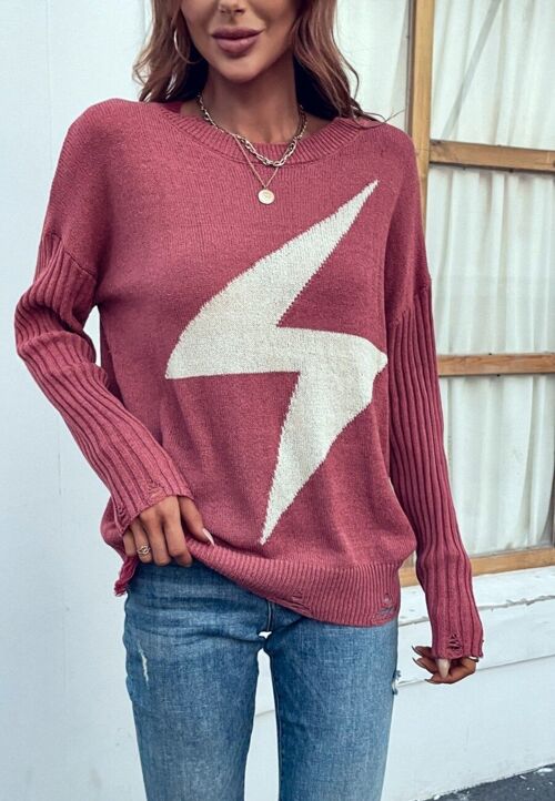 Thunder Bolt Distressed Sleeve Sweater-Mauve Pink