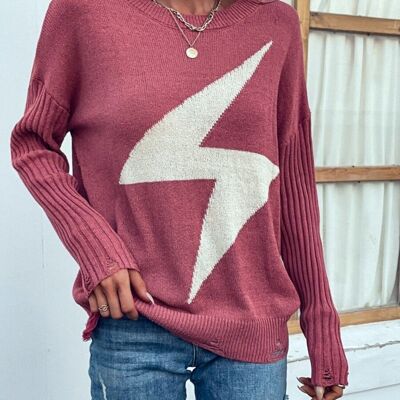 Thunder Bolt Distressed Sleeve Sweater-Mauve Pink