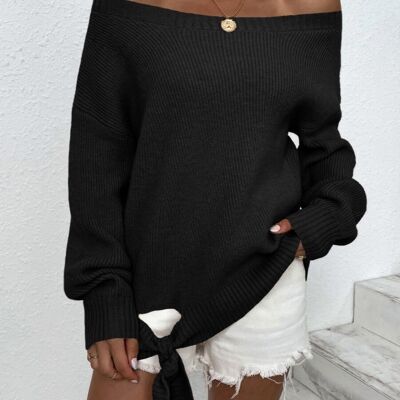 Off Shoulder Tie Hem Sweater-Black