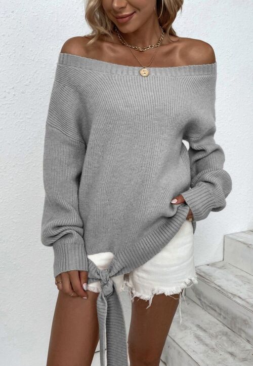 Off Shoulder Tie Hem Sweater-Gray