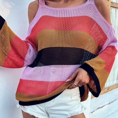 Multicolor Striped Cold Shoulder Sweater-Pink