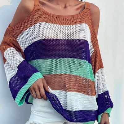 Multicolor Striped Cold Shoulder Sweater-Brown